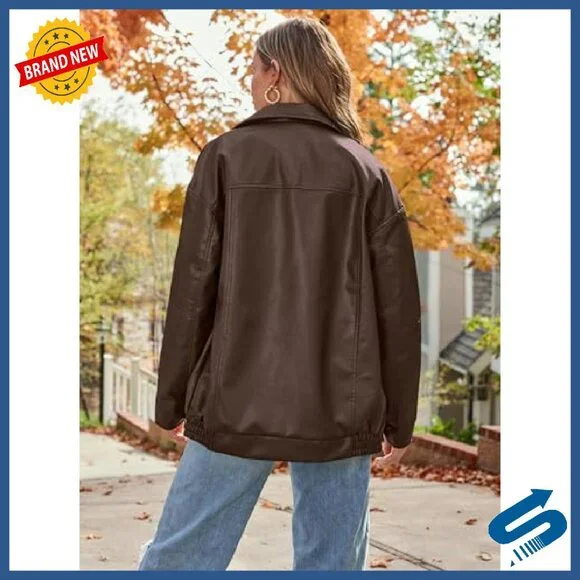 Oversized Faux Leather Motorcycle Jacket - Zipper Closure Fall Coat
